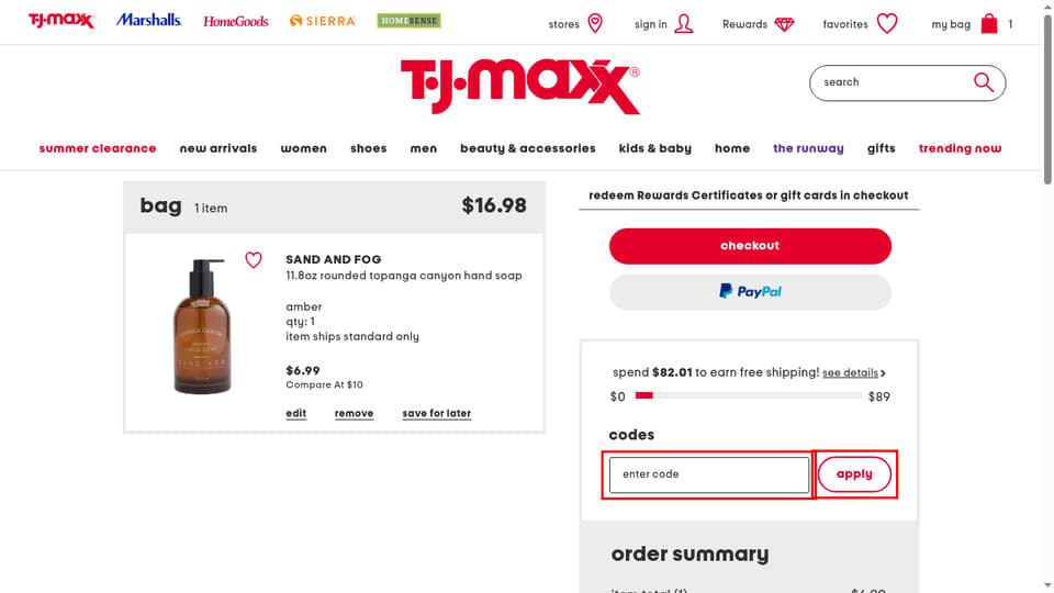 T.J.Maxx checkout page showing the enter code field and apply button