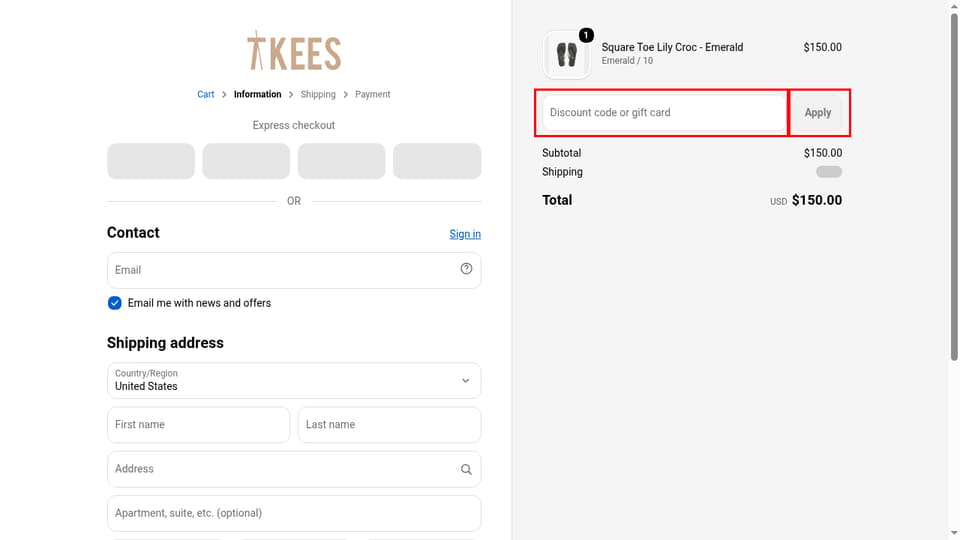 TKEES checkout page showing the Discount code or gift card field and Apply button
