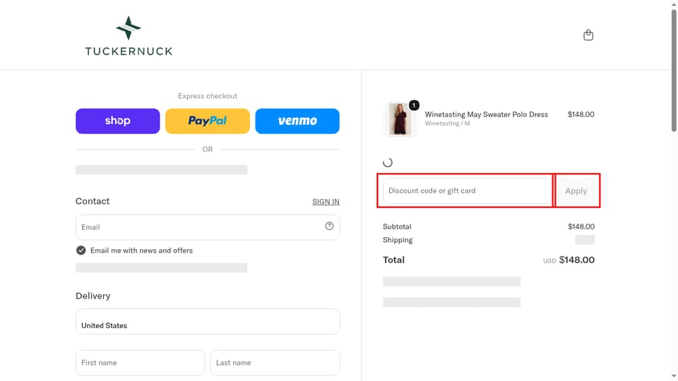 Tuckernuck checkout page showing the Discount code or gift card field and Apply button