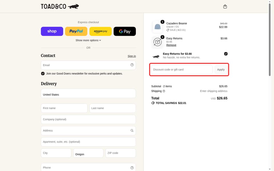 Toad&Co checkout page showing the Discount code or gift card field and Apply button