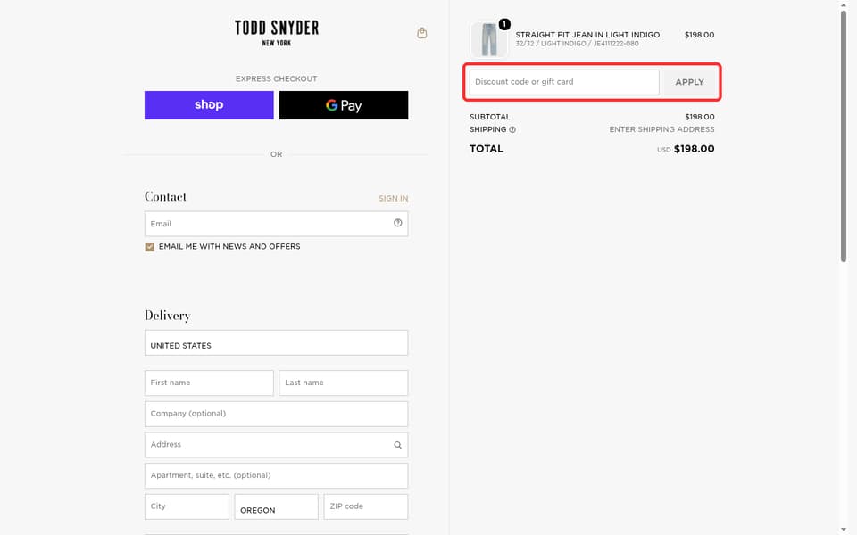 Todd Snyder checkout page showing the Discount code or gift card field and Apply button