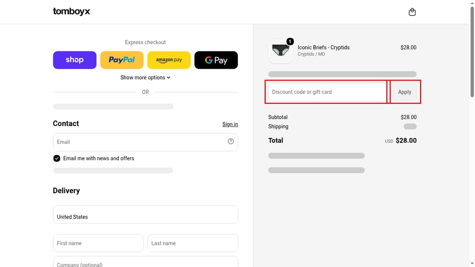 TomboyX checkout page showing the Discount code or gift card field and Apply button