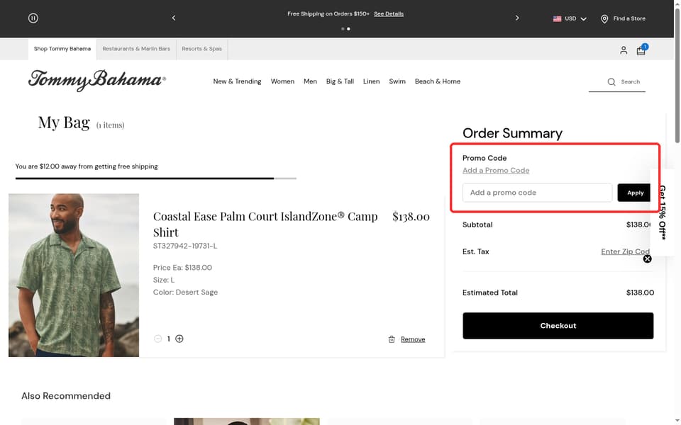 Tommy Bahama checkout page showing the Add a promo code field and Apply button