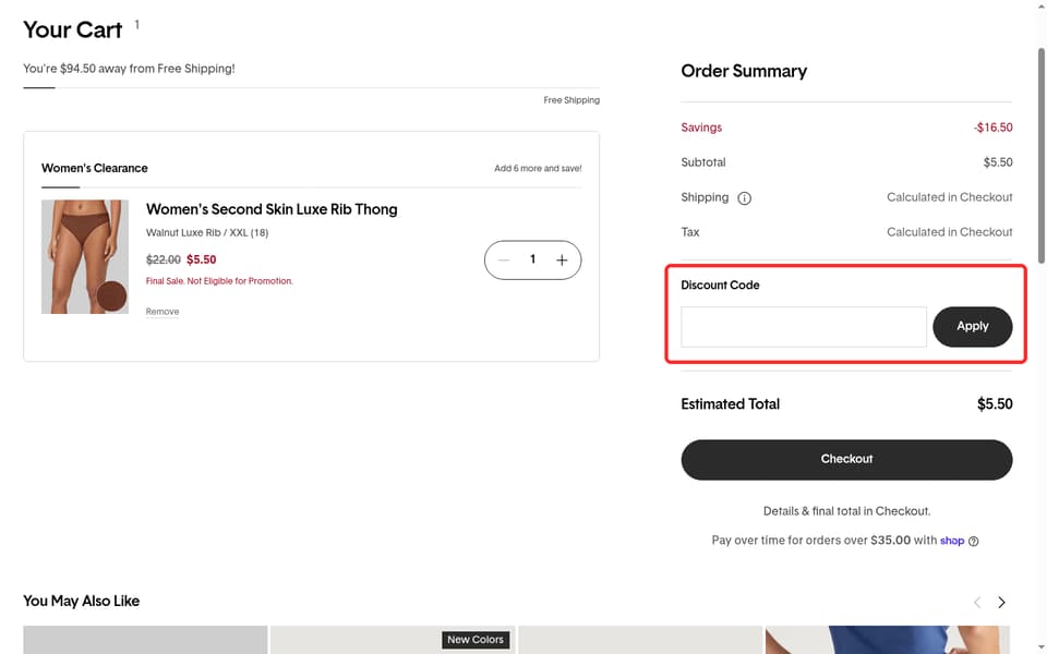 Tommy John checkout page showing the Discount Code field and Apply button