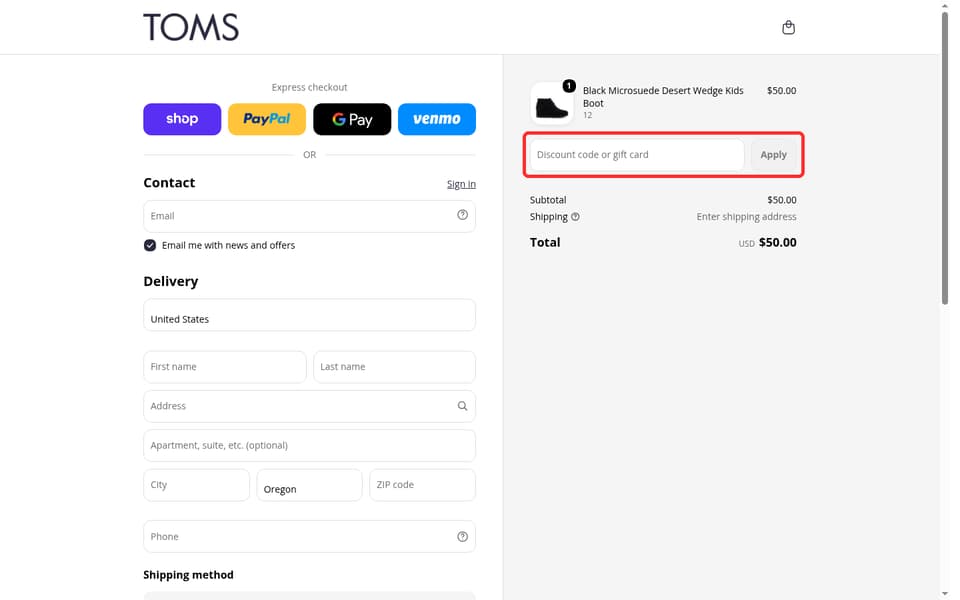 TOMS checkout page showing the Discount code or gift card field and Apply button