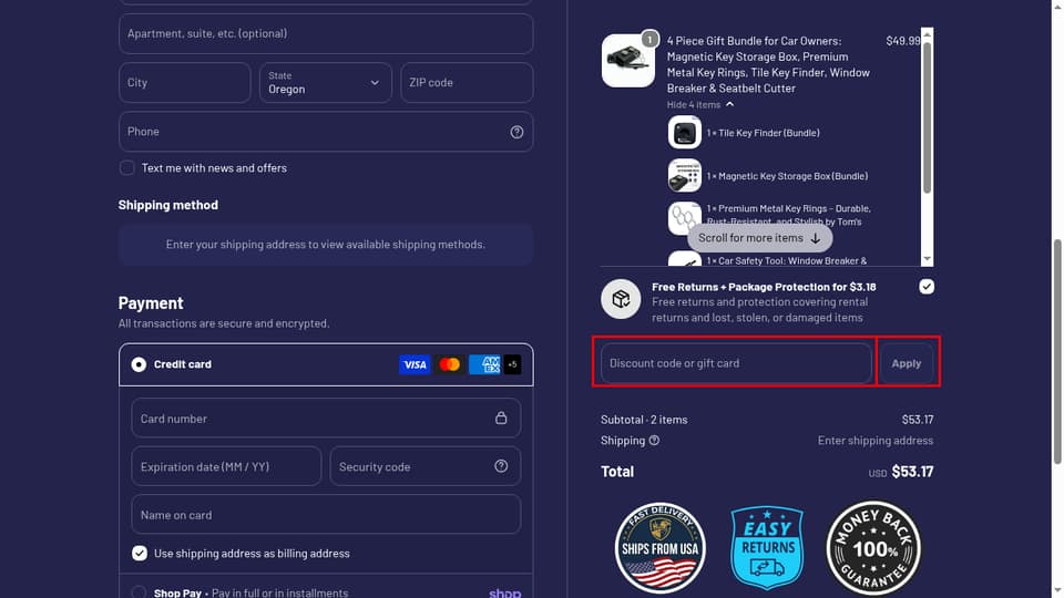 Tom's Key checkout page showing the Discount code or gift card field and Apply button