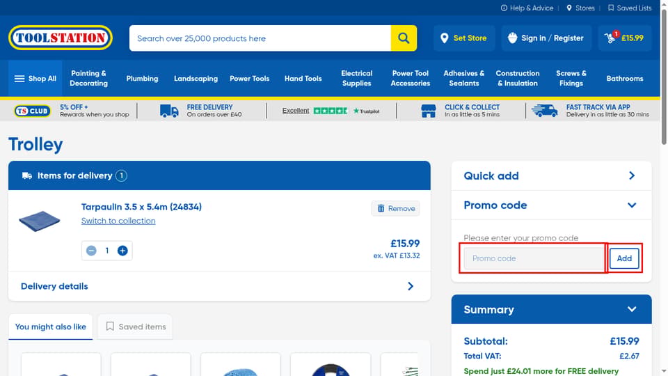 Toolstation checkout page showing the Promo code field and Add button