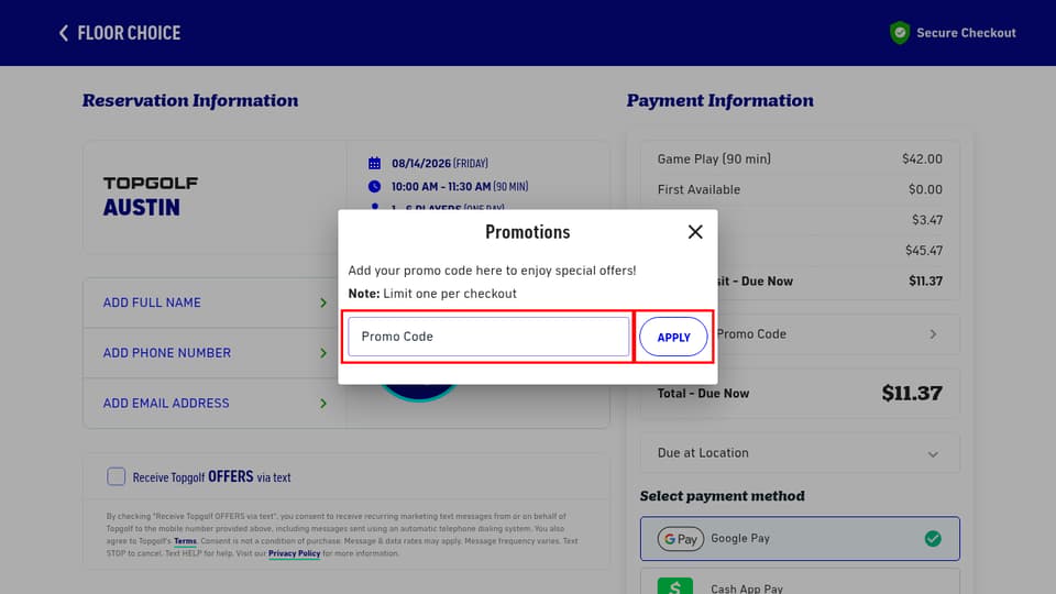 Topgolf checkout page showing the Promo Code field and apply button