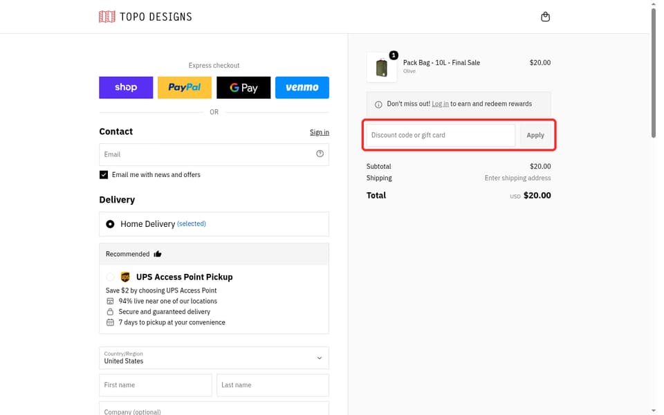 Topo Designs checkout page showing the Discount code or gift card field and Apply button