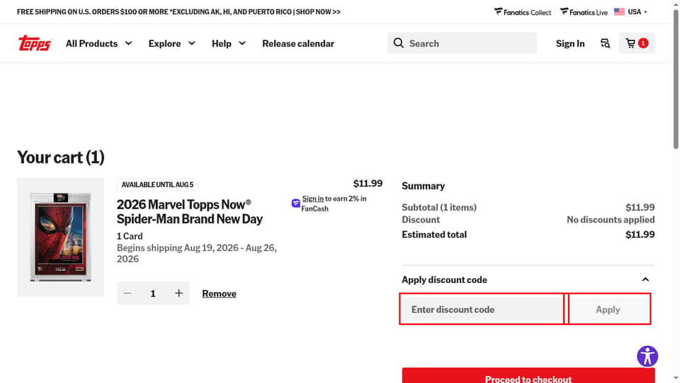 Topps checkout page showing the Enter discount code field and Apply button