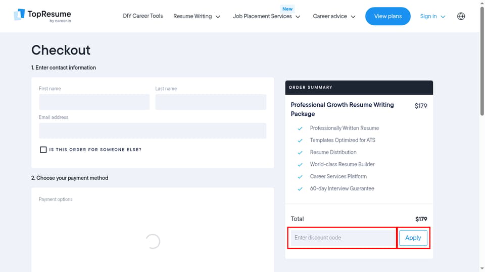 TopResume checkout page showing the Enter discount code field and Apply button