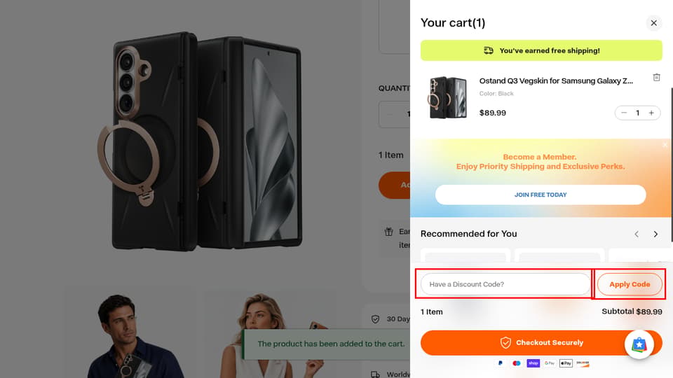 TORRAS checkout page showing the Have a Discount Code? field and Apply Code button