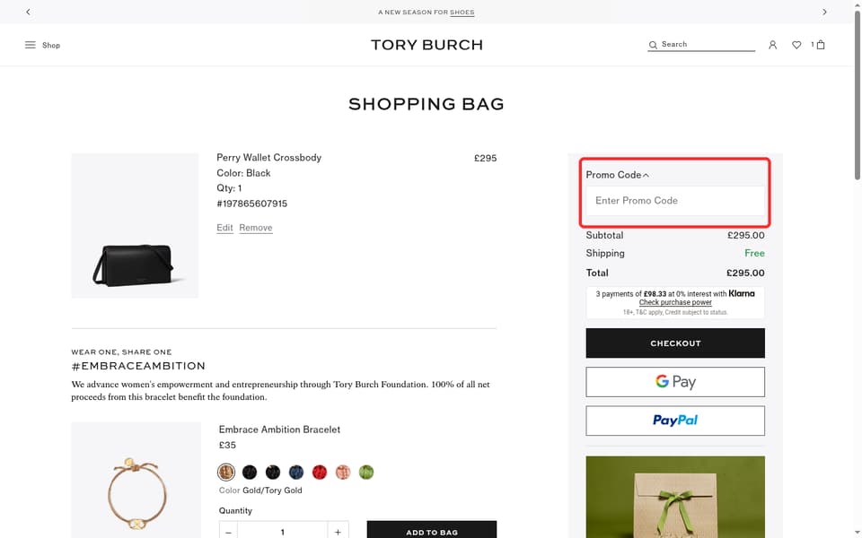 Tory Burch checkout page showing the Enter Promo Code field and Apply button