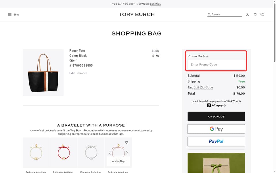 Tory Burch checkout page showing the Enter Promo Code field and Apply button