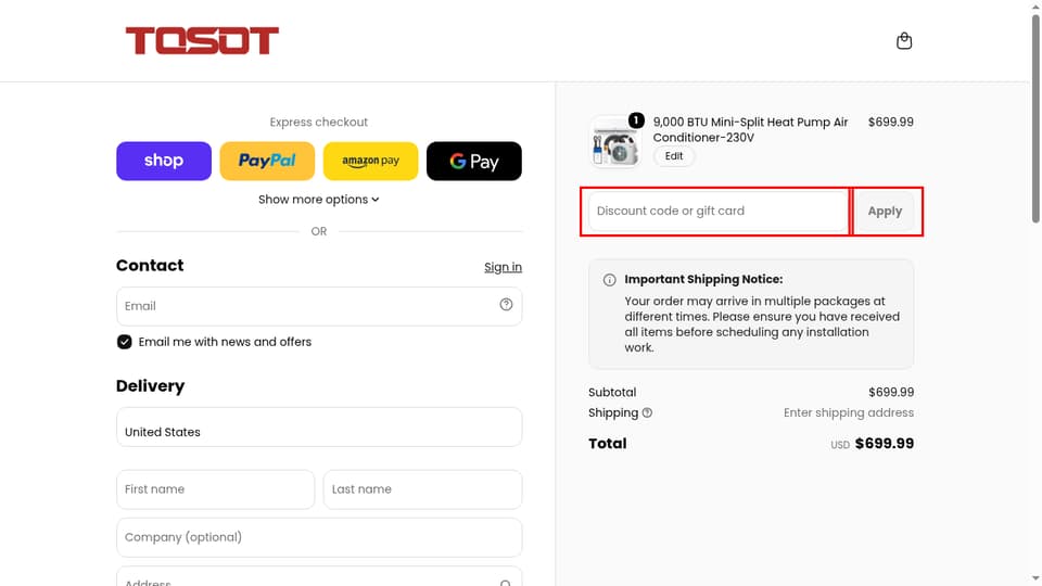 TOSOT Direct checkout page showing the Discount code or gift card field and Apply button