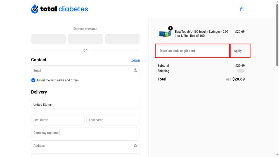 Total Diabetes Supply checkout page showing the Discount code or gift card field and Apply button