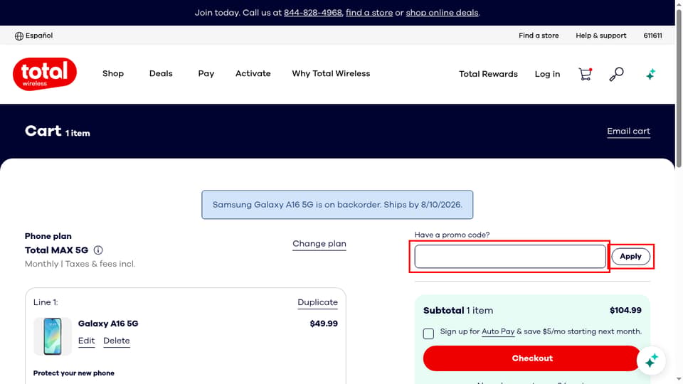 Total Wireless checkout page showing the Promo code field and Apply button