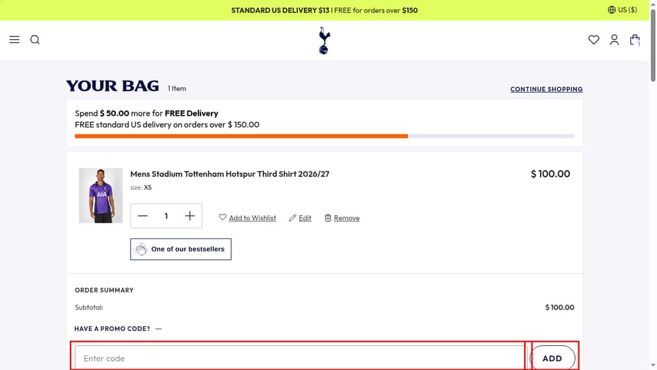 Tottenham Hotspur checkout page showing the Enter code field and ADD button