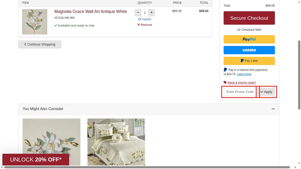 Touch of Class checkout page showing the Enter Promo Code field and Apply button
