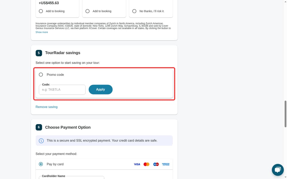 TourRadar checkout page showing the Code: field and Apply button