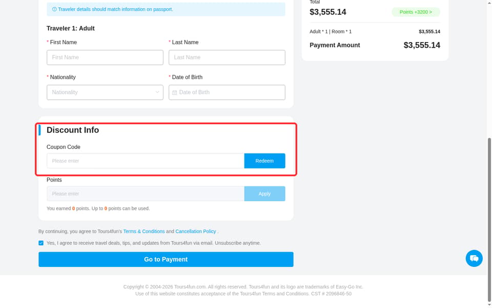 Tours4Fun checkout page showing the Please enter field and Redeem button