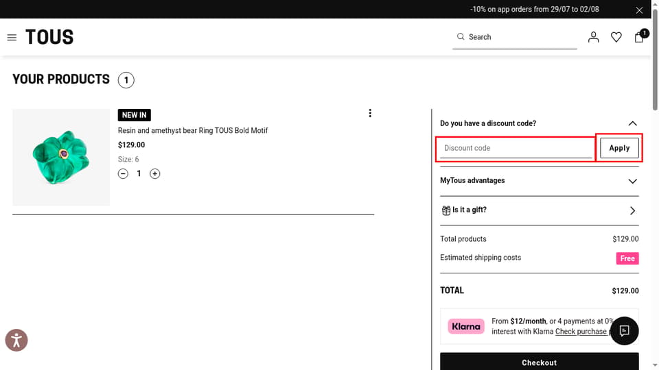 TOUS checkout page showing the Discount code field and Apply button