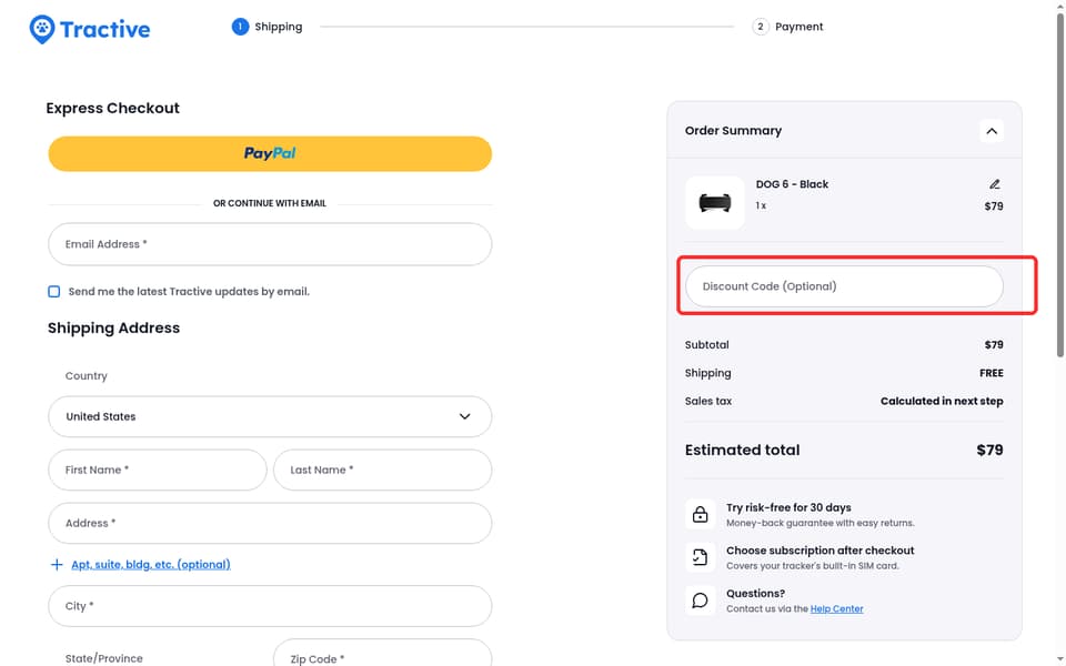 Tractive checkout page showing the Discount Code (Optional) field and Apply button