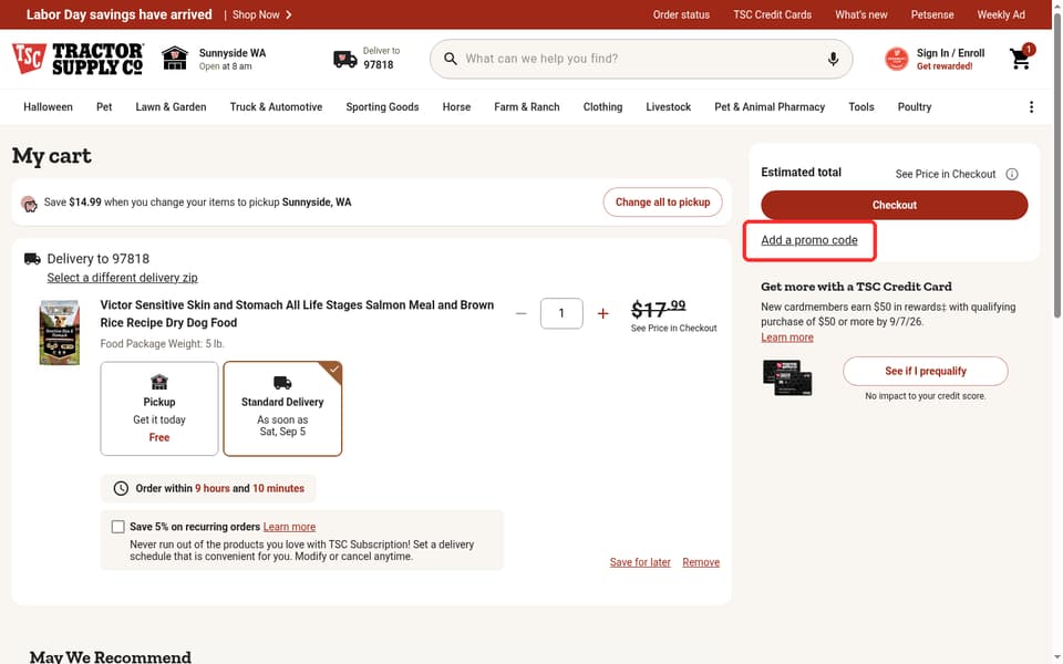 Tractor Supply Co checkout page showing the Enter Promo Code field and Apply button