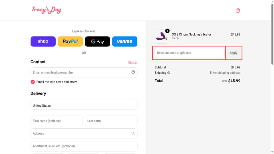 Tracy's Dog checkout page showing the Discount code or gift card field and Apply button