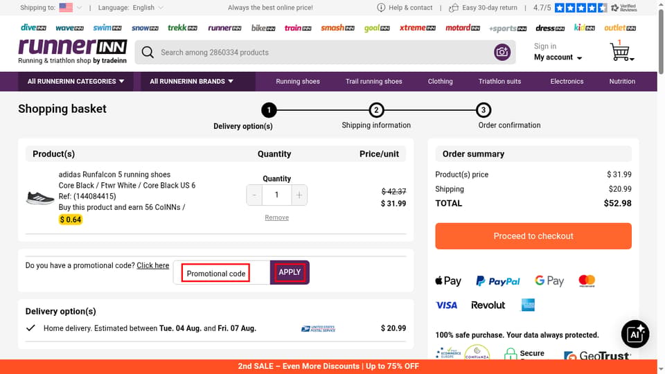 Tradeinn checkout page showing the Promotional code field and APPLY button