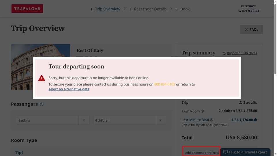 Trafalgar Tours checkout page showing the Promo or referral code field and Apply button