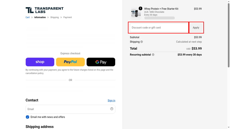 Transparent Labs checkout page showing the Discount code or gift card field and Apply button
