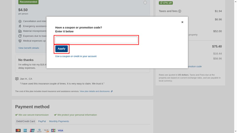Travelocity checkout page showing the Enter it below field and Apply button