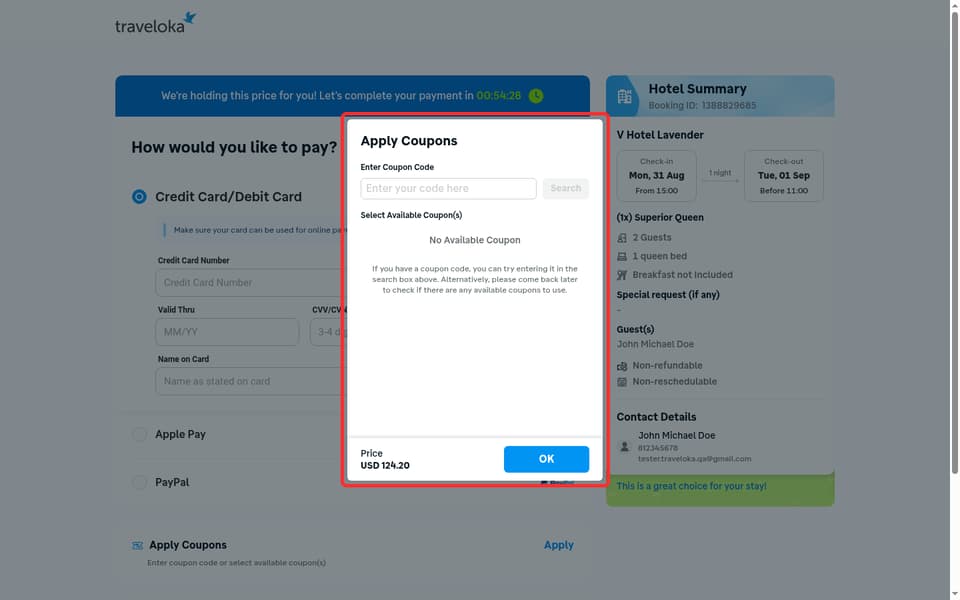 Traveloka checkout page showing the Enter your code here field and Search button