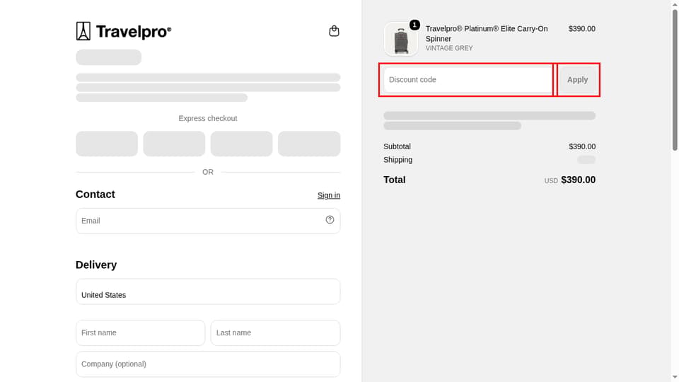 Travelpro checkout page showing the Discount code field and Apply button