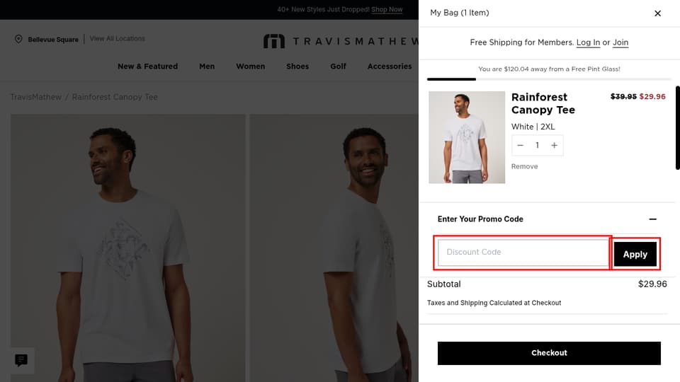 TravisMathew checkout page showing the Discount Code field and Apply button