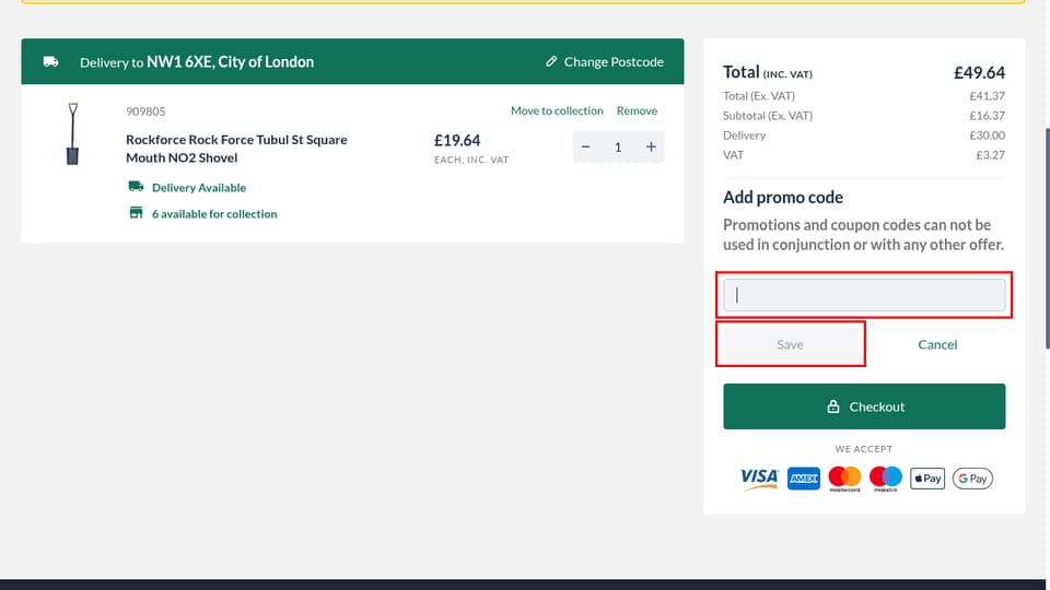 Travis Perkins checkout page showing the Add promo code field and Save button