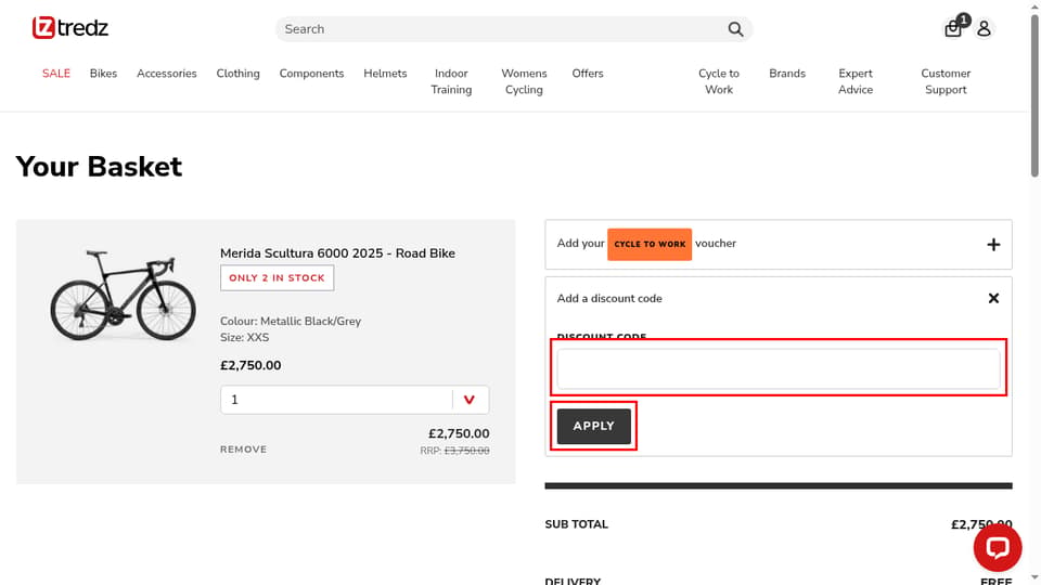 Tredz checkout page showing the DISCOUNT CODE field and APPLY button