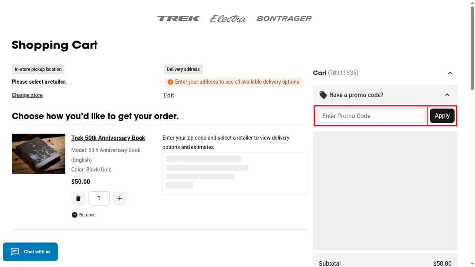Trek Bicycle checkout page showing the Enter Promo Code field and Apply button