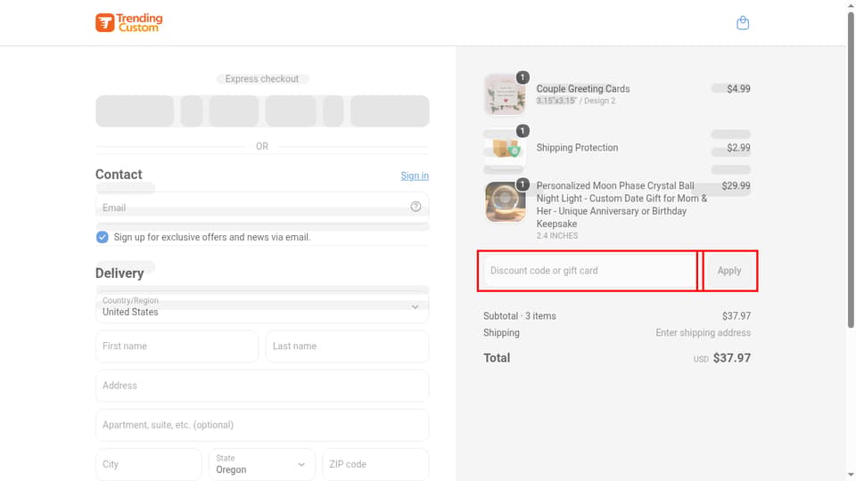 Trending Custom checkout page showing the Discount code or gift card field and Apply button