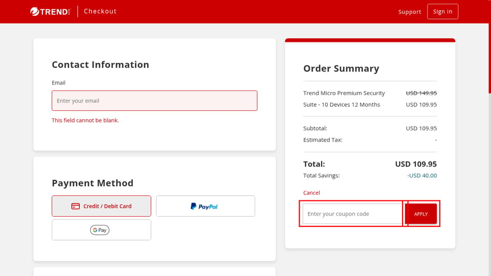 Trend Micro checkout page showing the Enter your coupon code field and Apply button