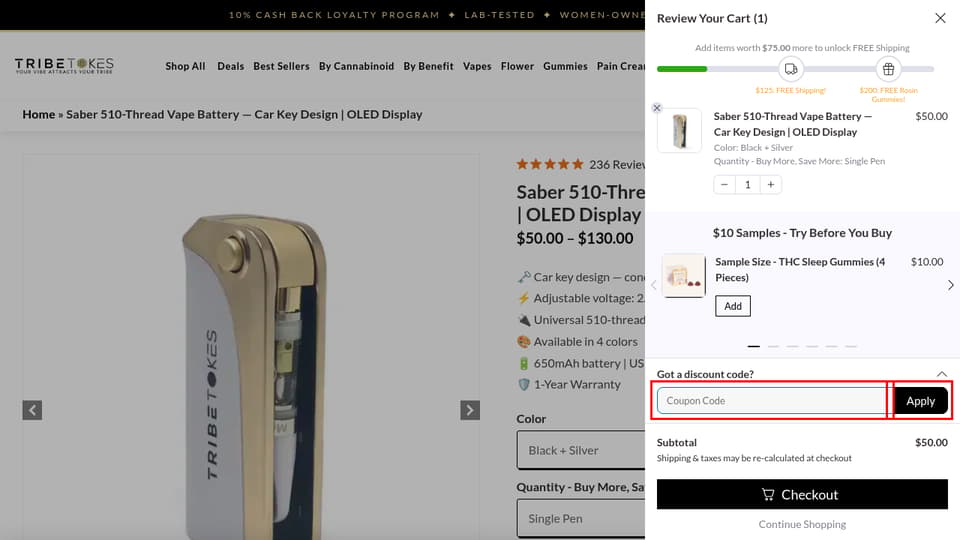 Tribe Tokes checkout page showing the Coupon Code field and Apply button