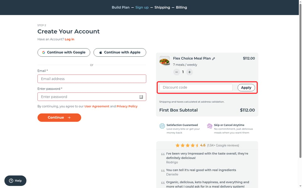 Trifecta Nutrition checkout page showing the Discount code field and Apply button