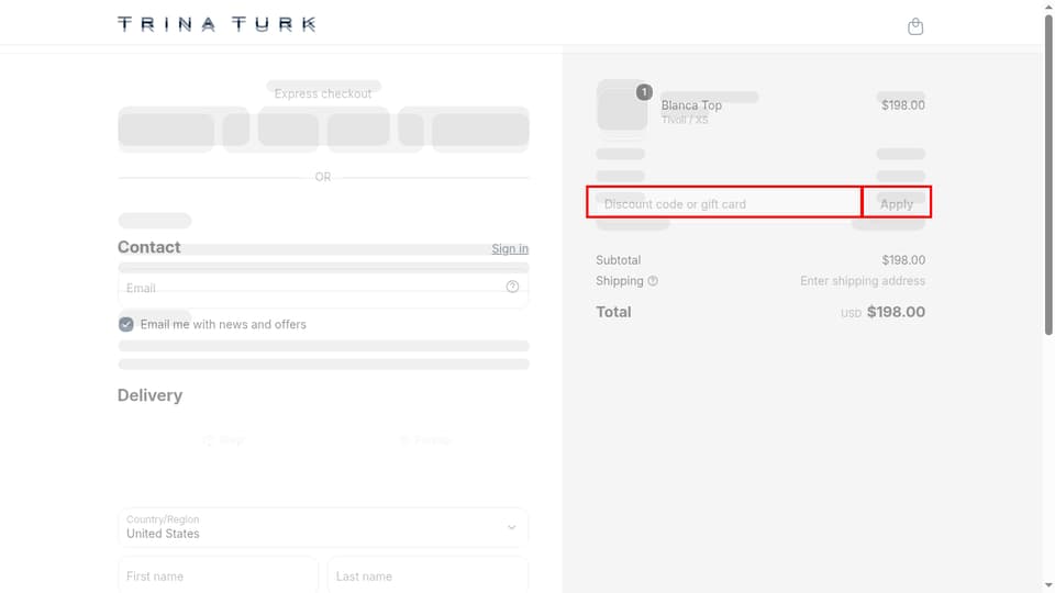 Trina Turk checkout page showing the Discount code or gift card field and Apply button