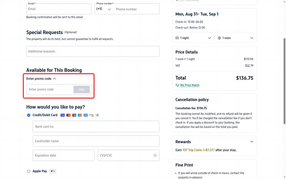 Trip.com checkout page showing the Enter promo code field and Use button