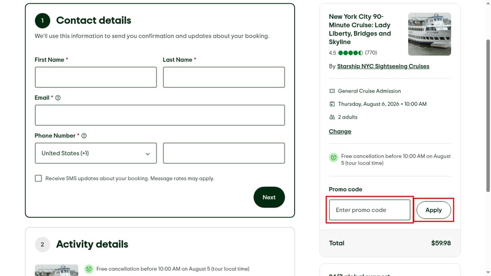 TripAdvisor checkout page showing the Enter promo code field and Apply button