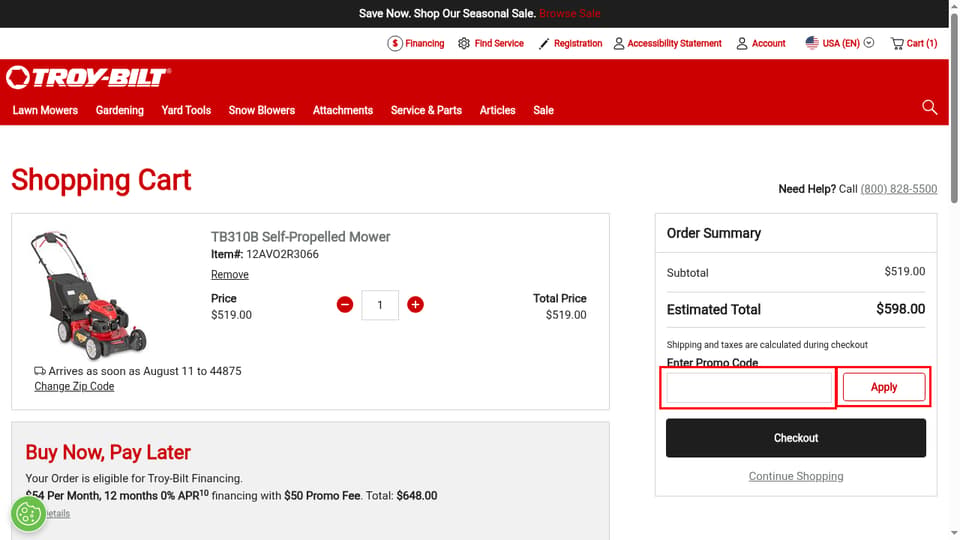 Troy-Bilt checkout page showing the Enter Promo Code field and Apply button