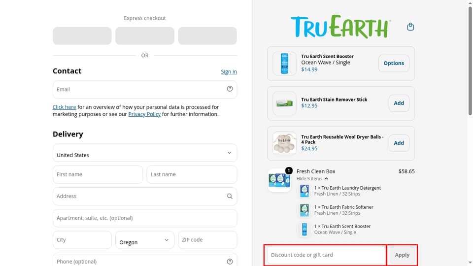 Tru Earth checkout page showing the Discount code or gift card field and Apply button