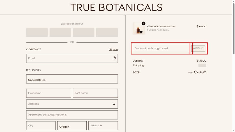 True Botanicals checkout page showing the Discount code or gift card field and Apply button