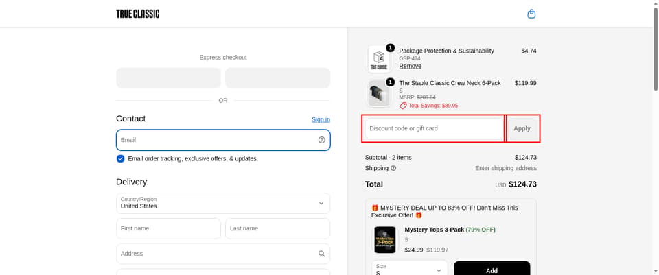 True Classic checkout page showing the 